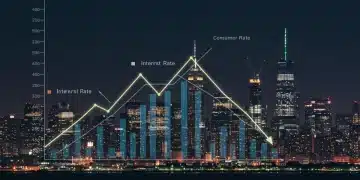Graph showing interest rates rising and consumer spending falling in 2025, with a US city background.