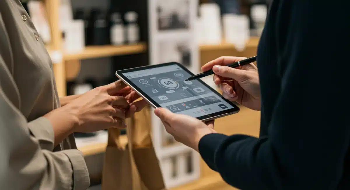 Salesperson using 5G tablet to assist customer, showing interactive product data.