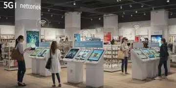 Modern retail store with customers using 5G powered smart tech, enhancing shopping experience.