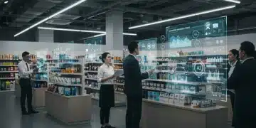 AI-powered inventory management dashboard in a modern US retail store with real-time data
