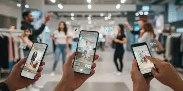 Shoppers use AR on smartphones to visualize virtual products in a modern retail environment, enhancing their e-commerce experience.