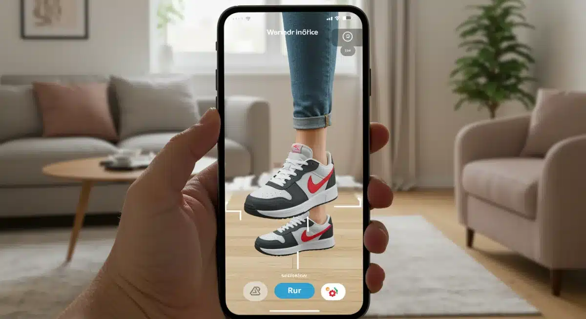 Smartphone screen showing a user virtually trying on sneakers with an AR app in a home setting.