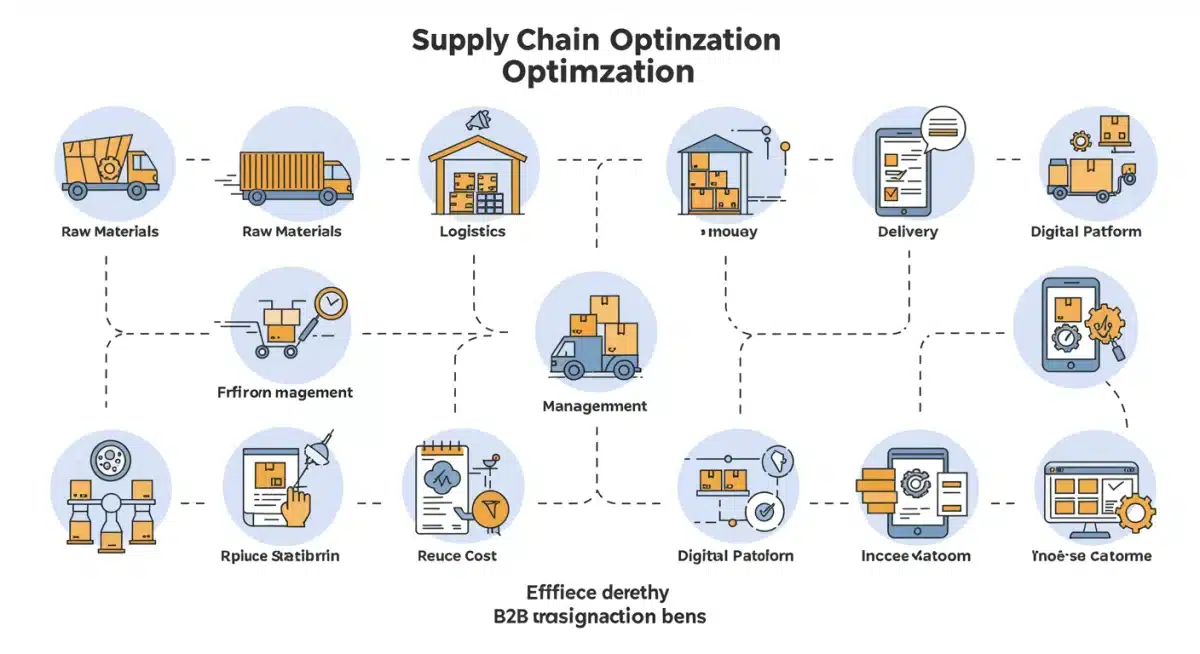 Infographic showing optimized B2B supply chain with logistics, inventory, and digital platforms.
