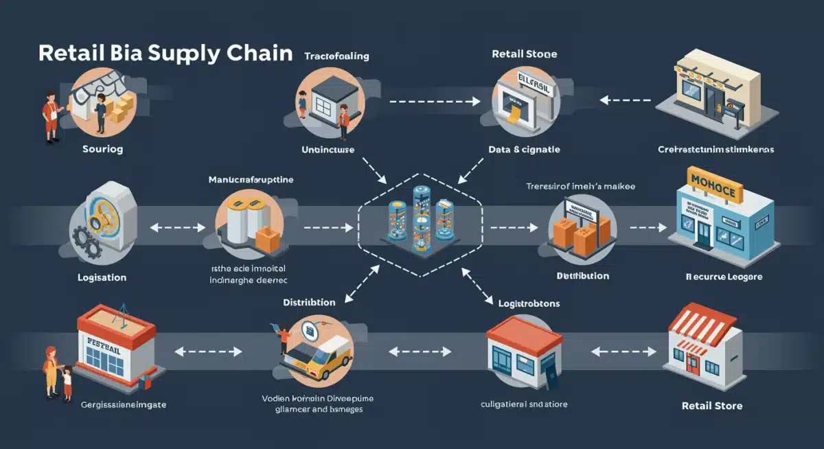 Infographic showing blockchain integration across retail supply chain stages for enhanced traceability and data security