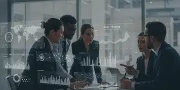 Business team analyzing cross-border payment data on a digital dashboard.