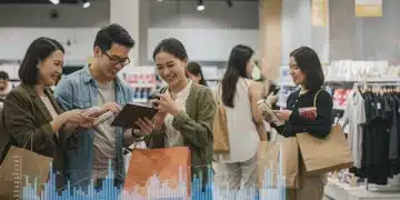 Consumers shopping confidently in a store, reflecting positive economic outlook and spending.