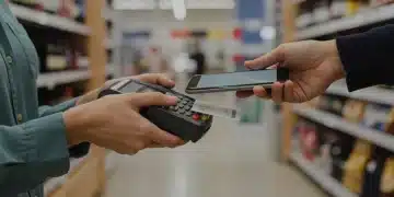 Contactless Payments: US Retailers' 70% Adoption by 2025 – Tech Ready? Customer performing a contactless payment at a retail checkout with a smartphone.