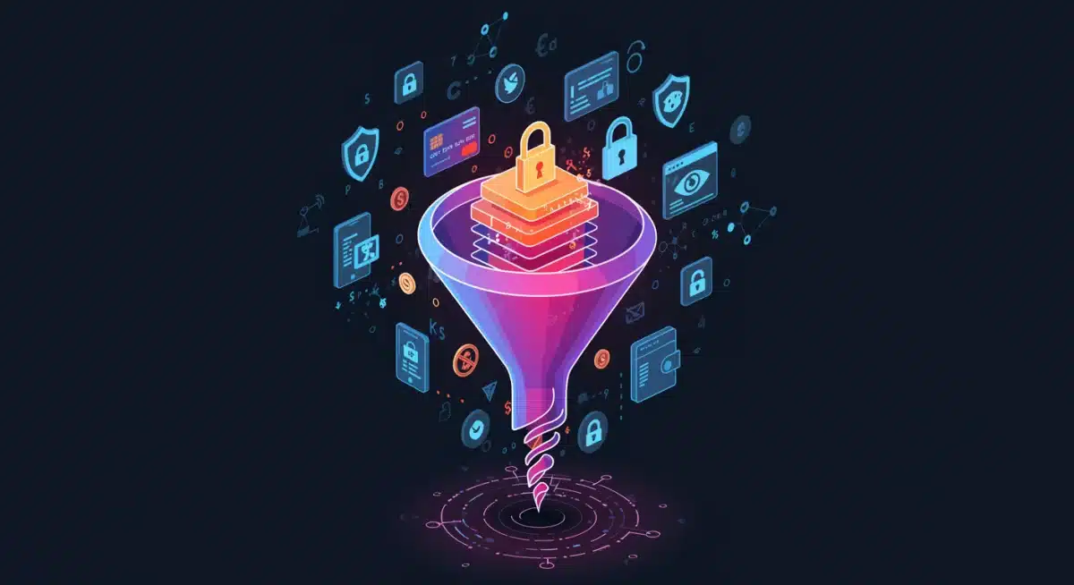 Digital payment methods converging into a secure funnel, emphasizing fraud prevention and data encryption.