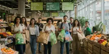 Eco-conscious consumers shopping for sustainable products in a modern store environment