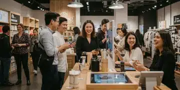 Customers engaging with interactive displays in a modern experiential retail store, highlighting innovative shopping experiences.