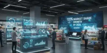Futuristic retail store with data visualizations and smart technology