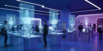 Futuristic retail store with digital displays and automated checkout