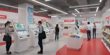 Futuristic retail store showcasing unified commerce technology and seamless customer interactions.