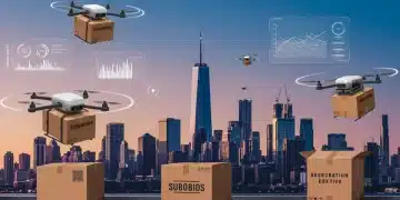 Futuristic subscription box delivery in a modern US city, showcasing advanced tech and logistics.