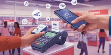 Futuristic tap-to-pay transaction with smartphone at retail terminal