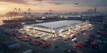 Futuristic US logistics hub with automation, drones, and efficient cargo operations.