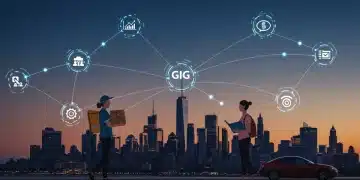 Gig workers connecting across US cities, symbolizing the dynamic early 2025 gig economy influence on commerce.
