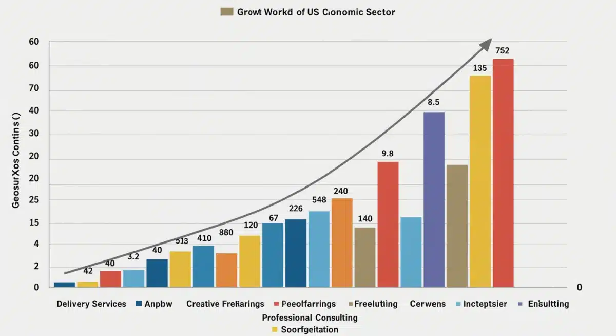 Bar graph showing gig work growth in US sectors, early 2025.