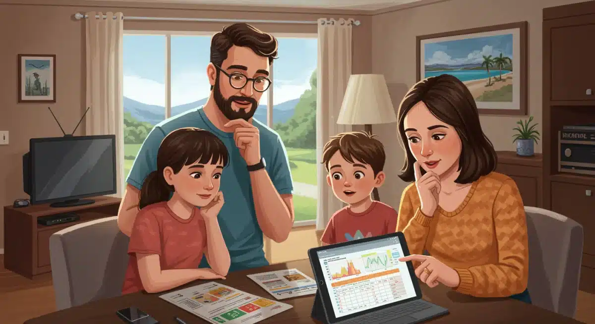 American family reviewing household budget and financial data on a tablet, planning for future spending.
