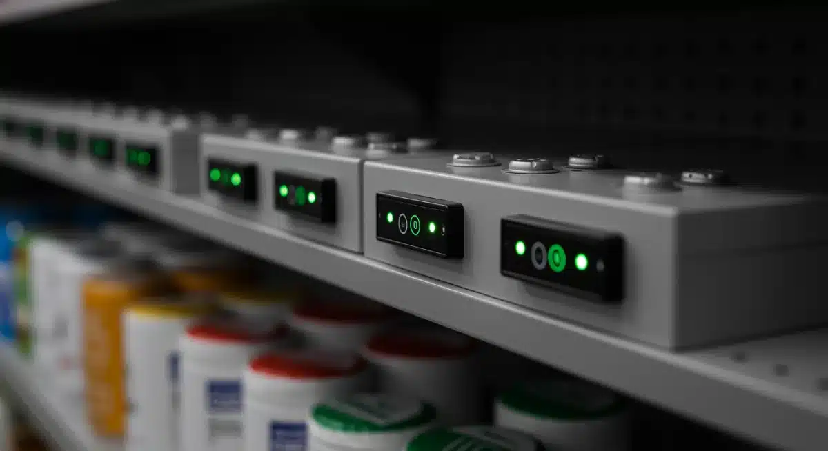 Detailed view of an IoT sensor integrated into a smart retail shelf, monitoring product availability.