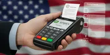 Merchant processing credit card with surcharge details on screen, symbolizing 2025 US compliance.