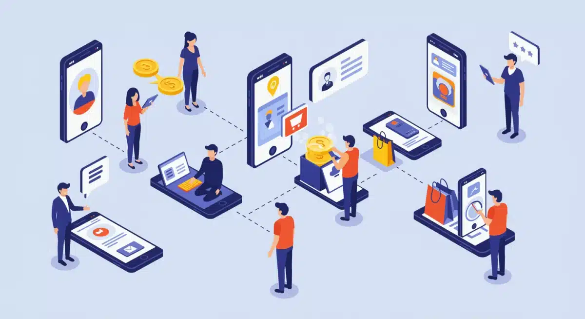 Diverse individuals using smartphones for mobile transactions, highlighting widespread adoption.