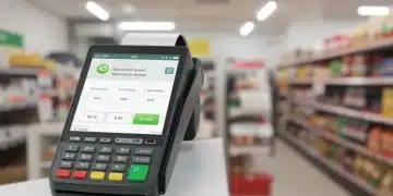 Modern POS terminal processing a fast transaction in a US small business.