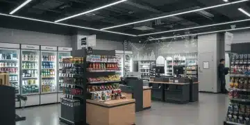 Technician reviewing predictive maintenance data on a tablet in a modern retail store