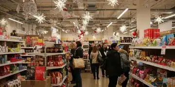 Busy retail store during Q3 2025 holiday sales, showcasing diverse products and happy shoppers.