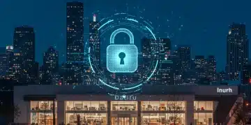 Digital padlock protecting a modern retail store, symbolizing cybersecurity for retail tech.