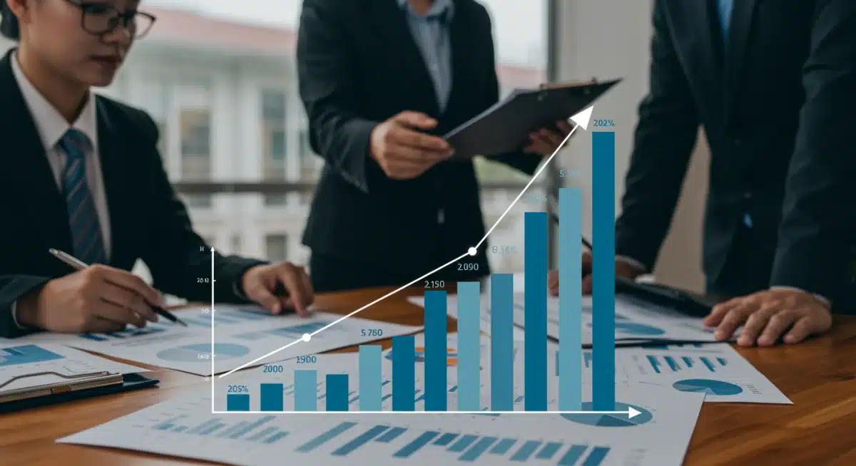 Chart showing 5.5% US retail sales growth projection for 2025 and business analysts reviewing data.