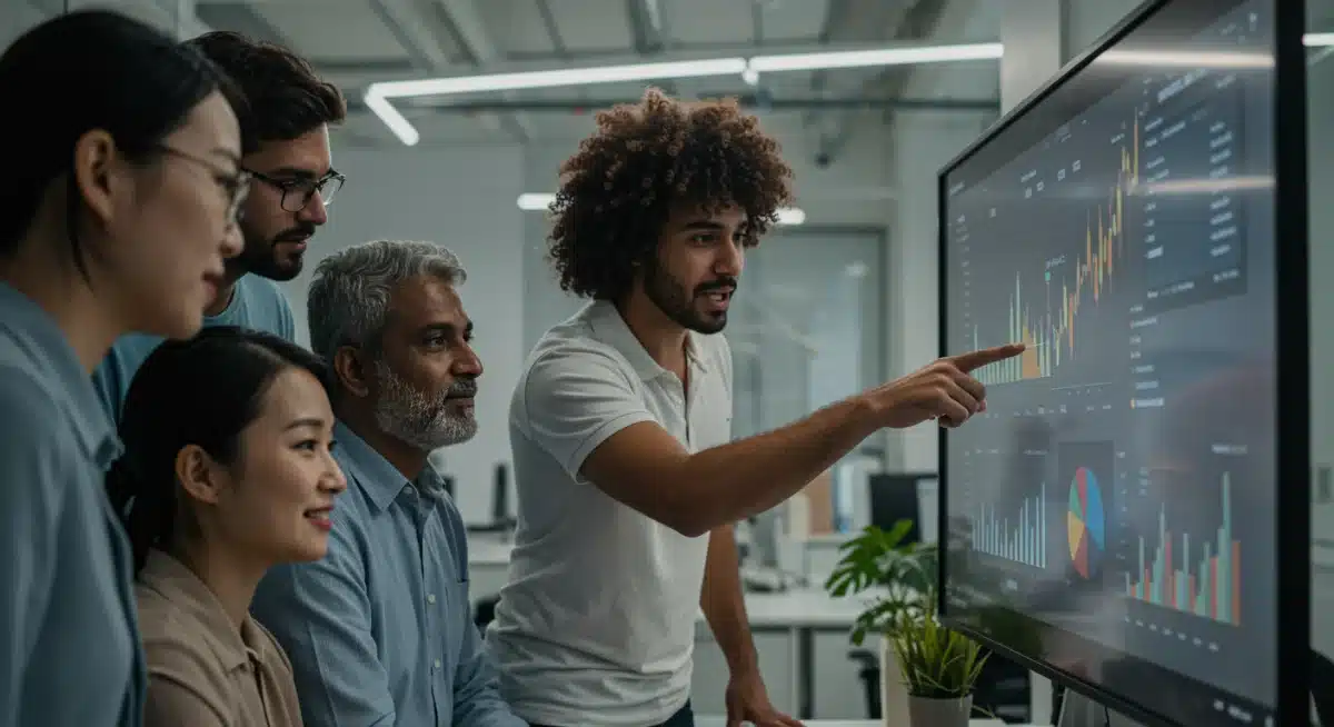 Sales team analyzing data on a large screen for strategic decisions