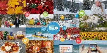 Seasonal commerce opportunities in the US, depicting diverse products and shopping activities across different seasons, with a focus on digital growth.