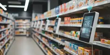 Smart shelves with IoT sensors in a modern retail environment, showcasing real-time inventory management.