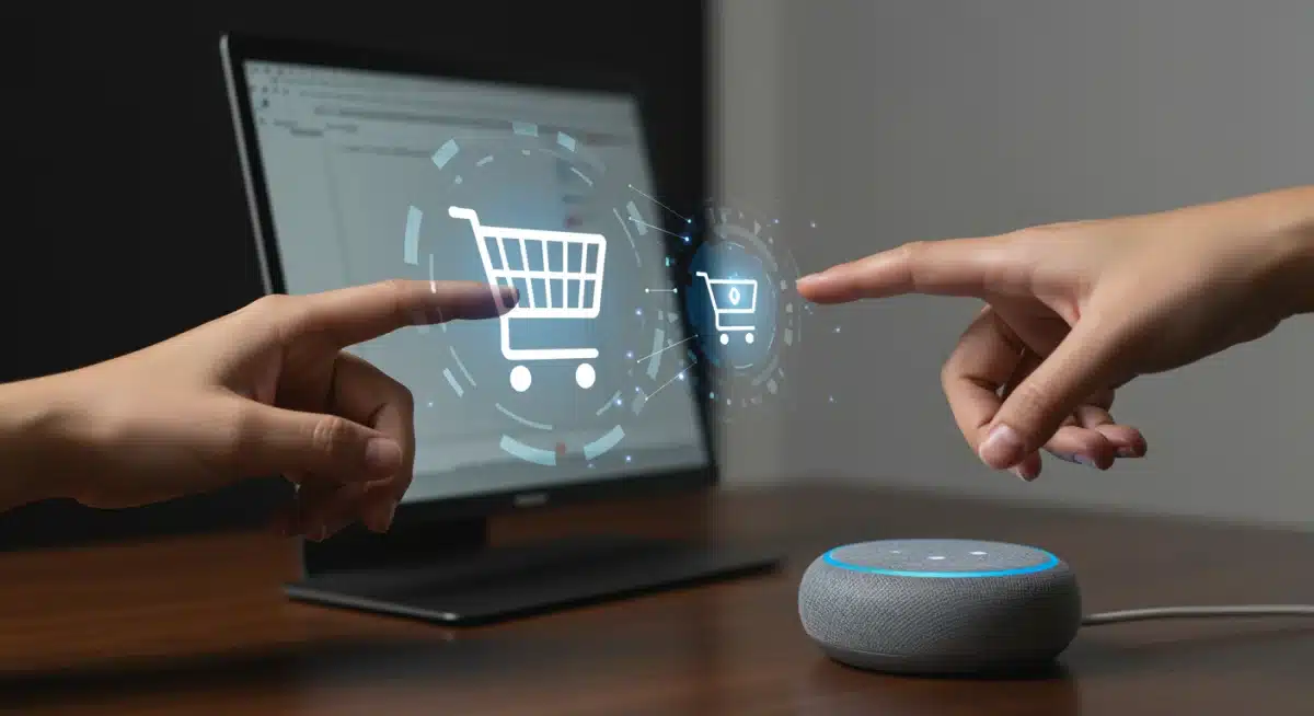 Hand interacting with smart speaker for online shopping