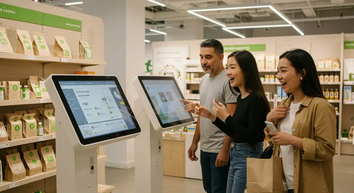 Diverse shoppers interacting with sustainable products and digital displays in a modern retail environment, showcasing key growth sectors.