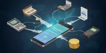 Illustration of digital payments converging on a smartphone, representing the shift to mobile payments in the US.