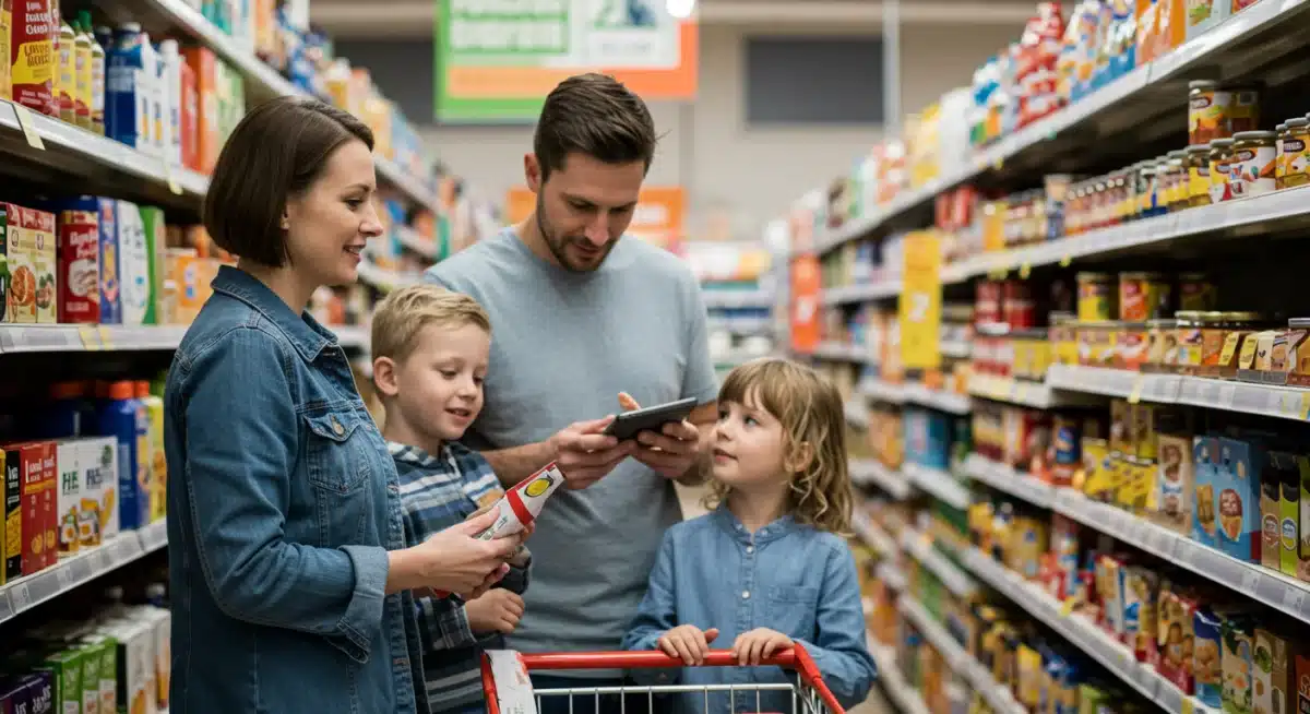 Family carefully examining prices in a grocery store due to inflation